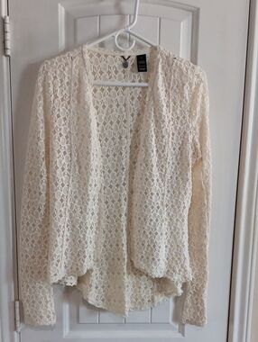 Womens Cream Lace Open-Front Cardigan Sweater